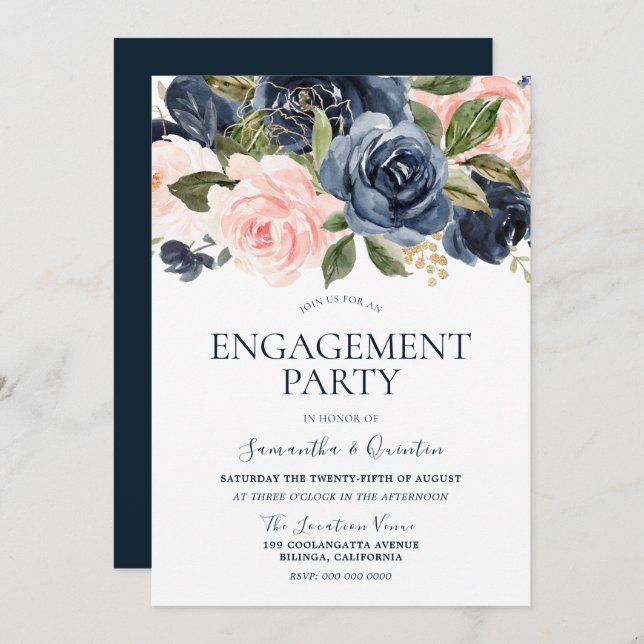 Elegante Navy Blue & Blush Pink Engagement Party Einladung (Vorne/Hinten)
