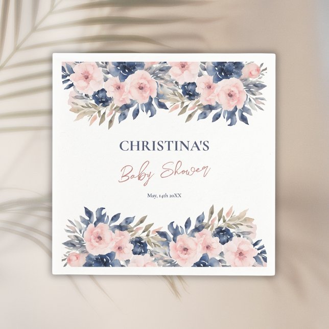 Elegante Navy Blue Blush Pink Floral Baby Dusche Serviette (Von Creator hochgeladen)