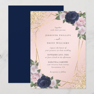Elegante Navy Blue Blush Pink Geo Gold Wedding Einladung