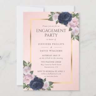 Elegante Navy Blue Blush Pink Gold Engagement Part Einladung