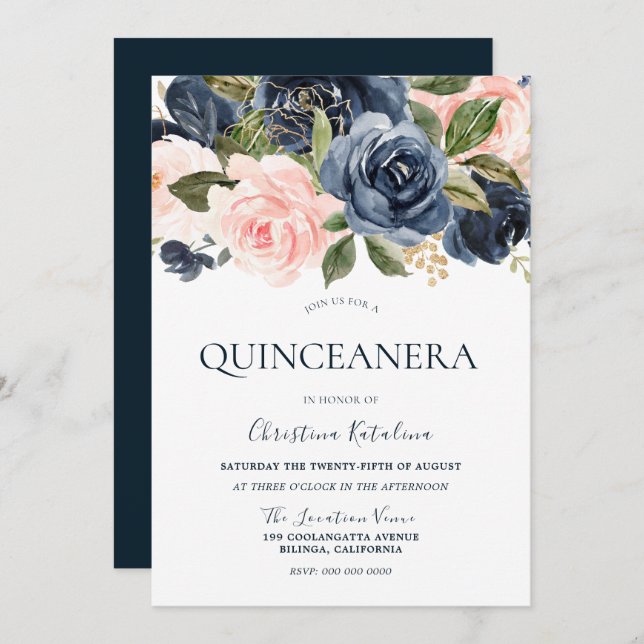 Elegante Navy Blue & Blush Pink Quinceanera Einladung (Vorne/Hinten)