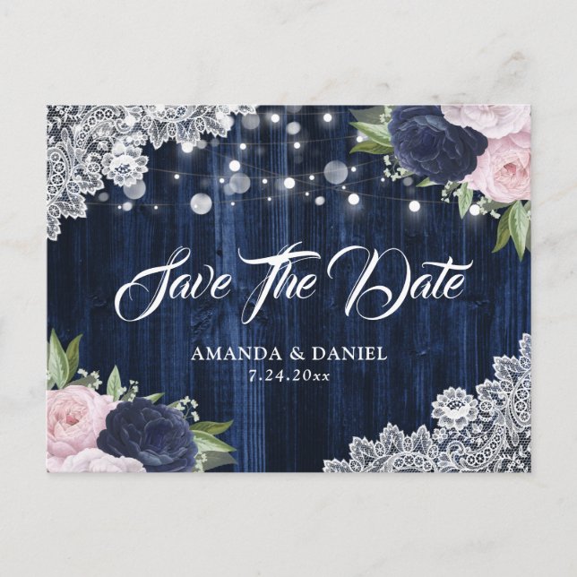 Elegante Navy Blue Blush Save the Date Postkarte (Vorderseite)