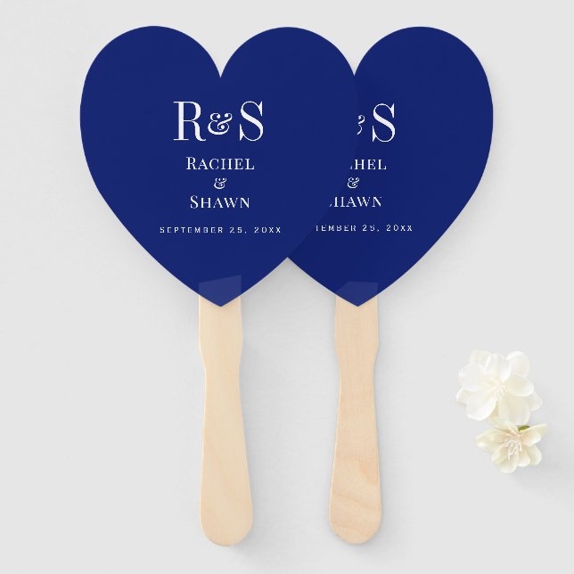 Elegante Navy Blue Chic Moderne Monogram Wedding Fächer (Vorne und Hinten)