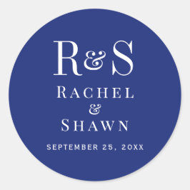 Elegante Navy Blue Chic Moderne Monogram Wedding Runder Aufkleber