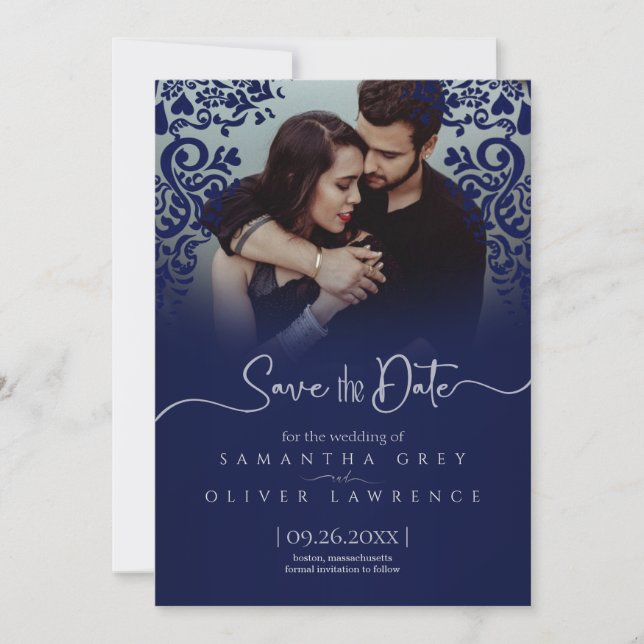 Elegante Navy Blue Damask Save the Date Fotokarte Dankeskarte (Vorderseite)