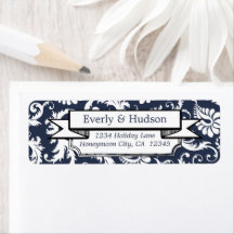 Elegante Navy Blue Floral Damask Rücksendeadresse