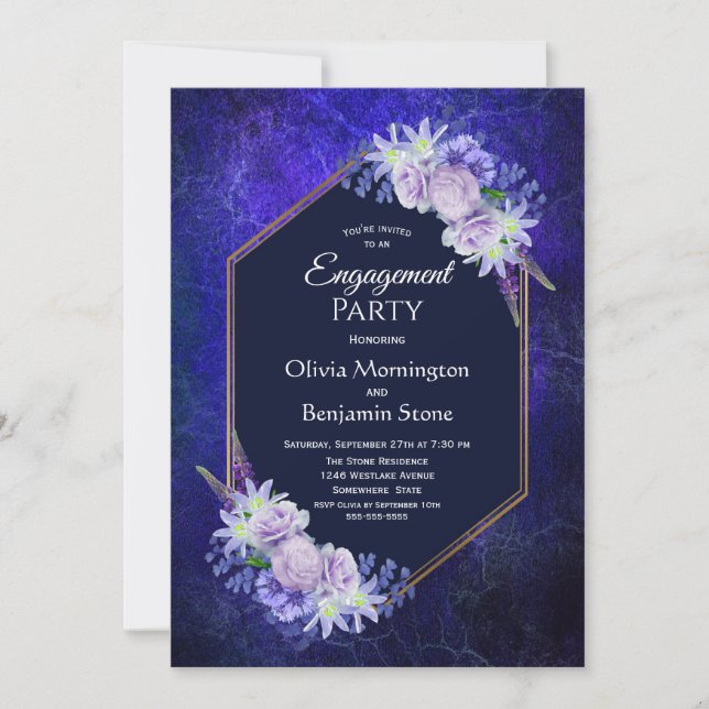 Elegante Navy Blue Floral Engagement Party Einladung (Vorderseite)