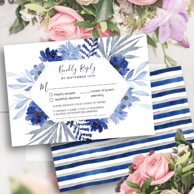 Elegante Navy Blue Floral Foliage Moderne Hochzeit RSVP Karte (Von Creator hochgeladen)
