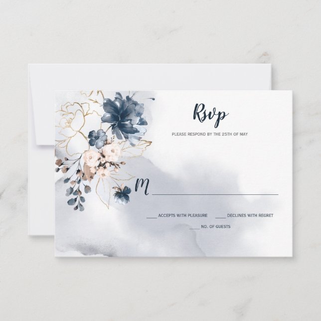 Elegante Navy Blue Floral Gold gezeichnete Rose | RSVP Karte (Vorderseite)