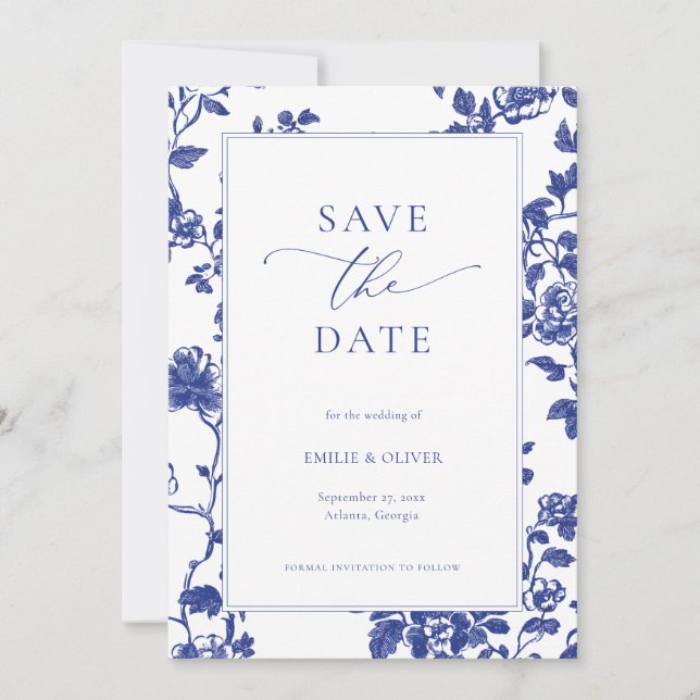 Elegante Navy Blue Floral Toile Save the Date Einladung (Vorderseite)