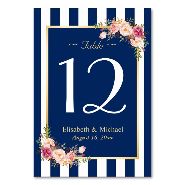 Elegante Navy Blue Floral Wedding Tischnummer (Vorderseite)