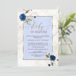 Elegante Navy Blue Flowers Gold Boy Baby in Bloom Einladung