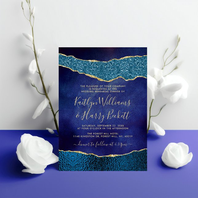 Elegante Navy Blue & Gold Agate Hochzeit Probe Einladung (Von Creator hochgeladen)