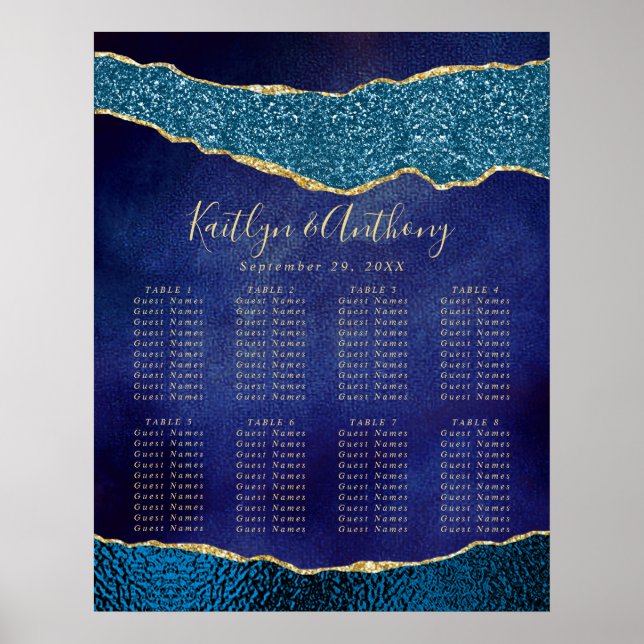 Elegante Navy Blue & Gold Agate Hochzeitssitze Poster (Vorne)