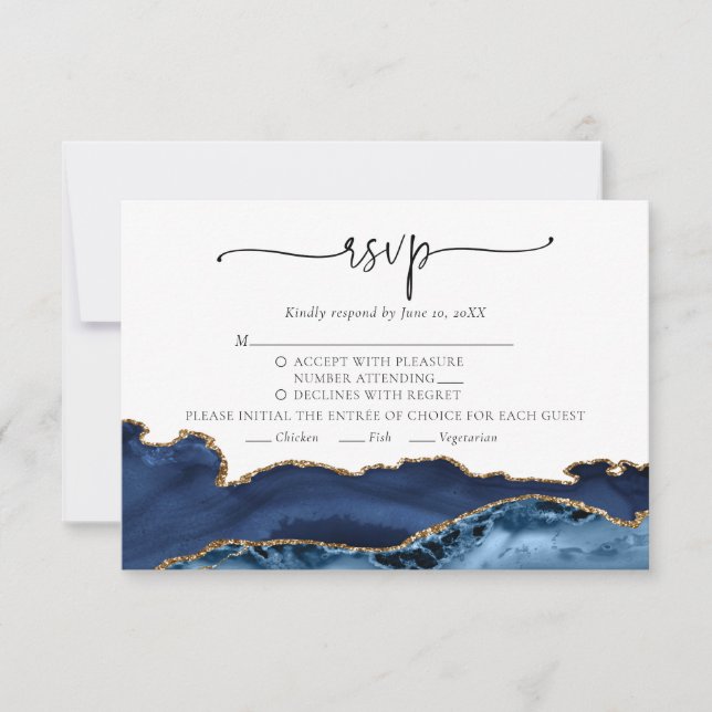 Elegante Navy Blue Gold Agate Wedding RSVP Card Karte (Vorderseite)