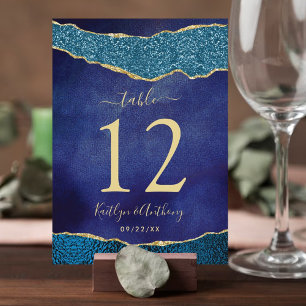 Elegante Navy Blue & Gold Agate Wedding Table Card Einladung