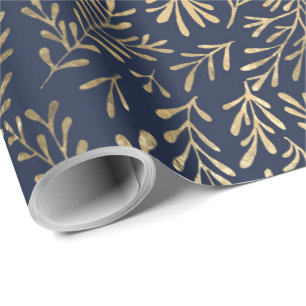 Elegante Navy Blue Gold Blätter Geschenkpapier
