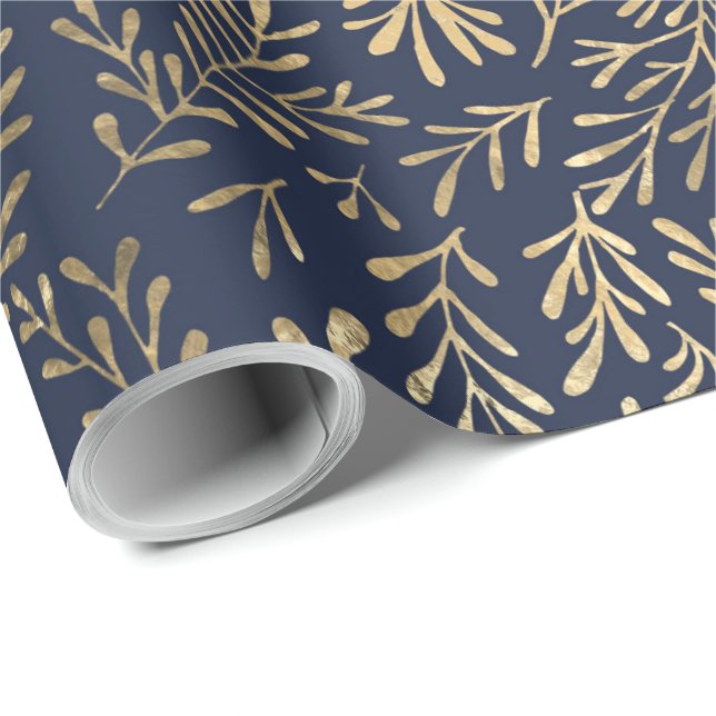 Elegante Navy Blue Gold Blätter Geschenkpapier (Rolleneckpunkt)