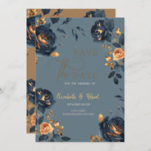 Elegante Navy Blue Gold Blume Save the Date
