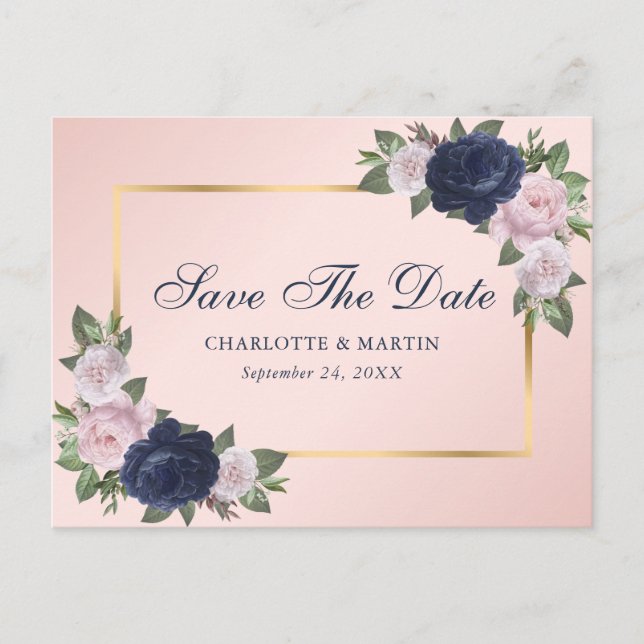 Elegante Navy Blue Gold Blush Pink Floral Wedding Ankündigungspostkarte (Vorderseite)
