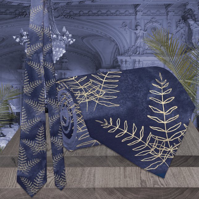 Elegante Navy Blue & Gold Fern Leaf Wedding Krawatte (Von Creator hochgeladen)