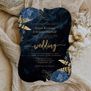 Elegante Navy Blue Gold Floral Bracket Hochzeit Einladung