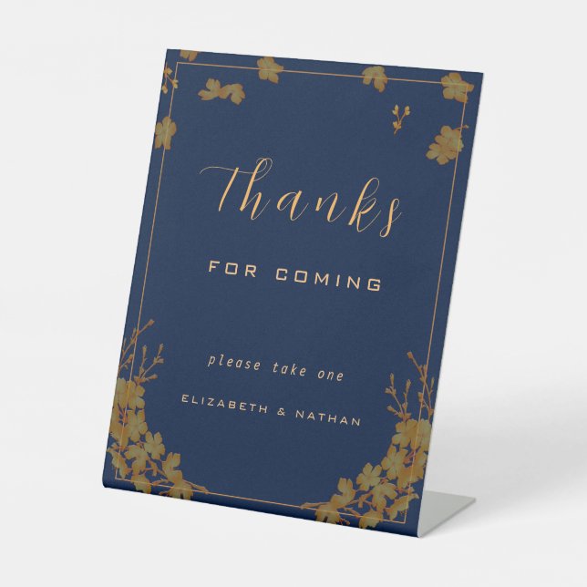 Elegante Navy Blue & Gold Floral Gastgeschenk Hoch Sockelschild (Vorderseite)