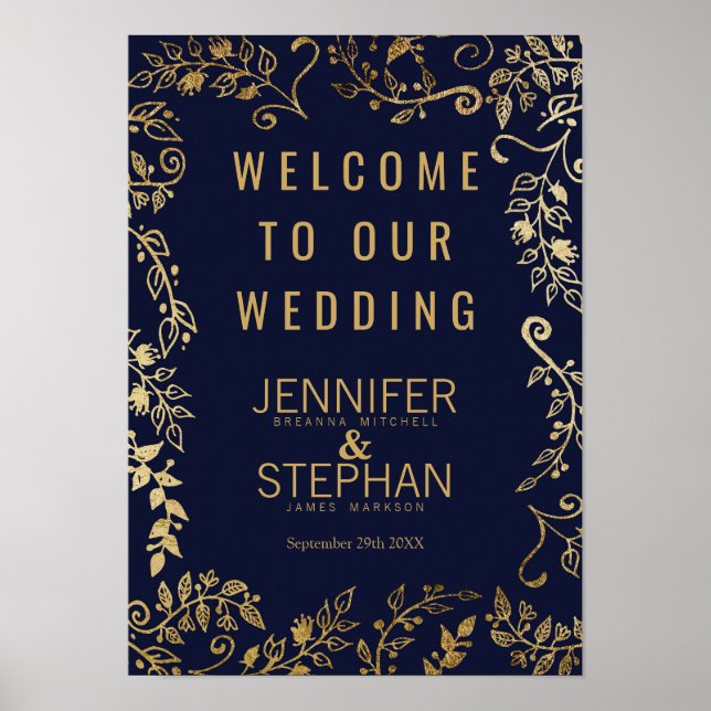 Elegante Navy Blue Gold Floral Willkommen Poster (Vorne)