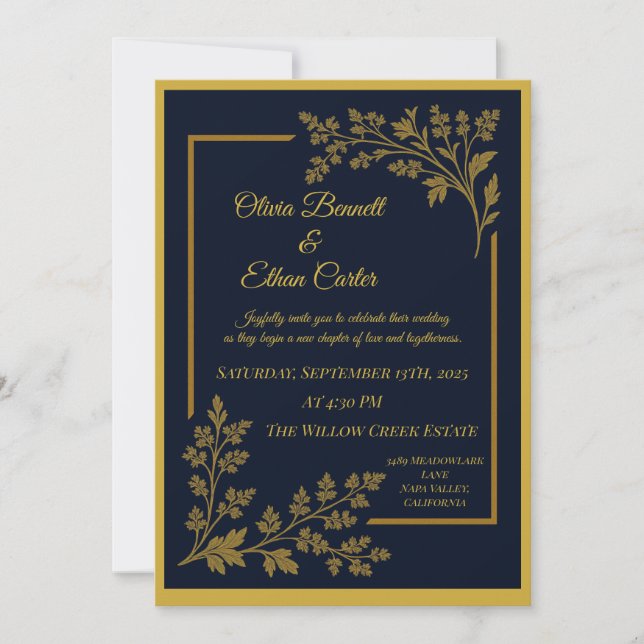 Elegante Navy Blue & Gold Foil Einladung zur Hochz (Vorderseite)