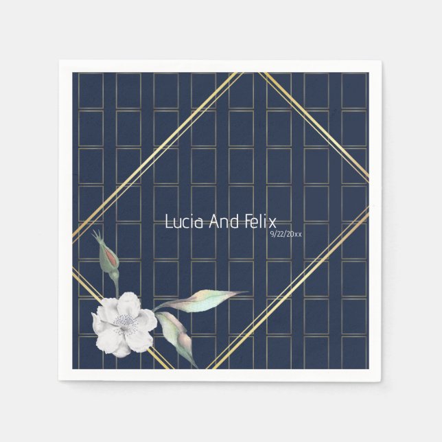 Elegante Navy Blue Gold Frame Mini Blumenhochzeit Serviette (Vorderseite)