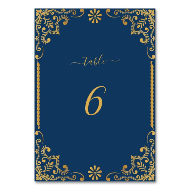 Elegante Navy Blue Gold Frame Wedding Tischnummer (Vorderseite)