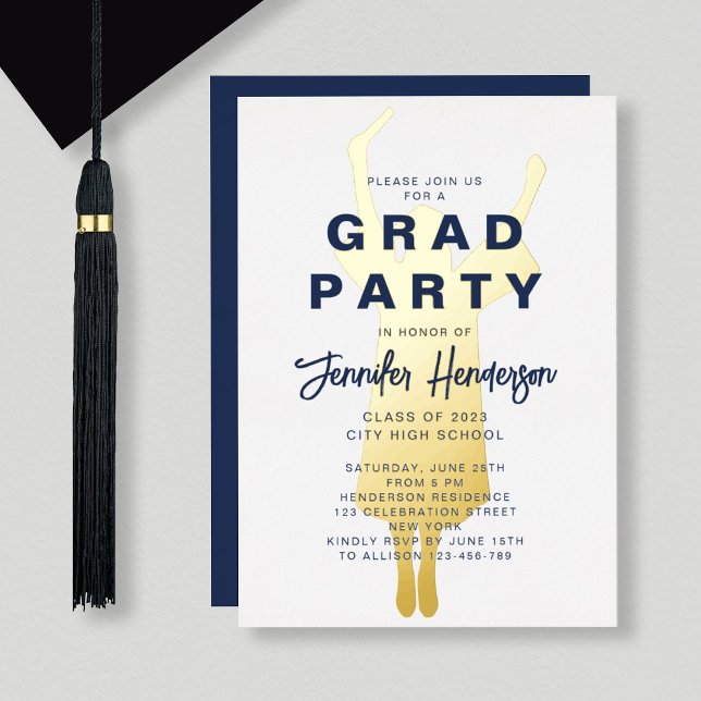Elegante Navy Blue Gold Graduation Party Folieneinladung (Von Creator hochgeladen)
