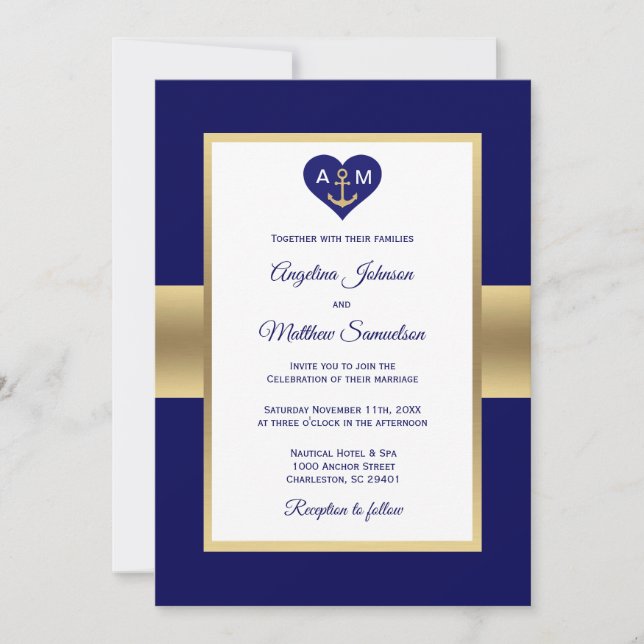 Elegante Navy Blue Gold Heart Nautical Wedding Einladung (Vorderseite)
