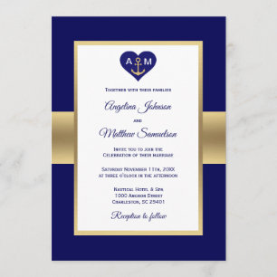 Elegante Navy Blue Gold Heart Nautical Wedding Einladung