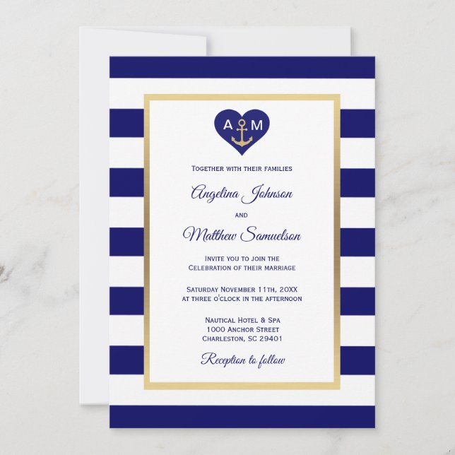 Elegante Navy Blue Gold Heart Nautical Wedding Einladung (Vorderseite)