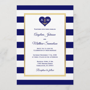 Elegante Navy Blue Gold Heart Nautical Wedding Einladung