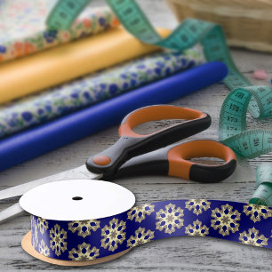 Elegante Navy Blue & Gold Klasse Chic Blumendruck Satinband