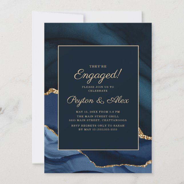 Elegante Navy Blue Gold Marmor Engagement Party Einladung (Vorderseite)