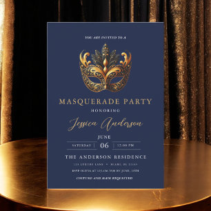 Elegante Navy Blue Gold Masquerade Party Geburtsta Einladung