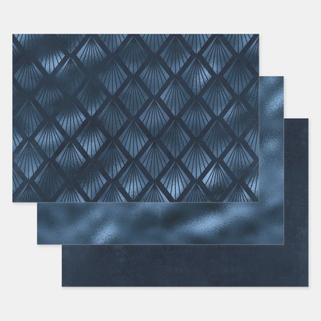 Elegante Navy Blue Gold Metallic Art Deco Geschenkpapier Set (Set)