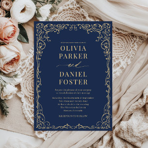 Elegante Navy Blue Gold Minimalistisch Hochzeit Einladung