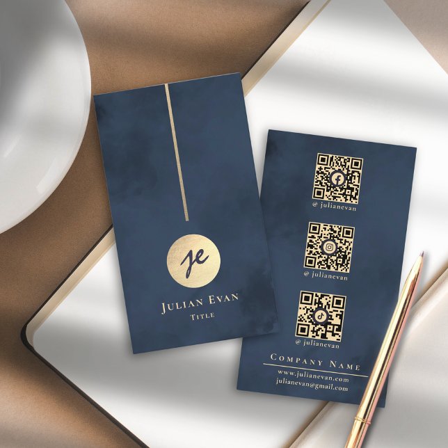 Elegante Navy Blue & Gold Monogram Social Media Visitenkarte (Elegant Navy Blue & Gold Monogram Social Media Business Card)