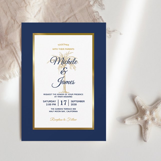 Elegante Navy Blue Gold Palm Tree Moderne Hochzeit Einladung (Von Creator hochgeladen)