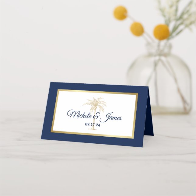 Elegante Navy Blue Gold Palm Tree Moderne Hochzeit Platzkarte (Vorderseite)