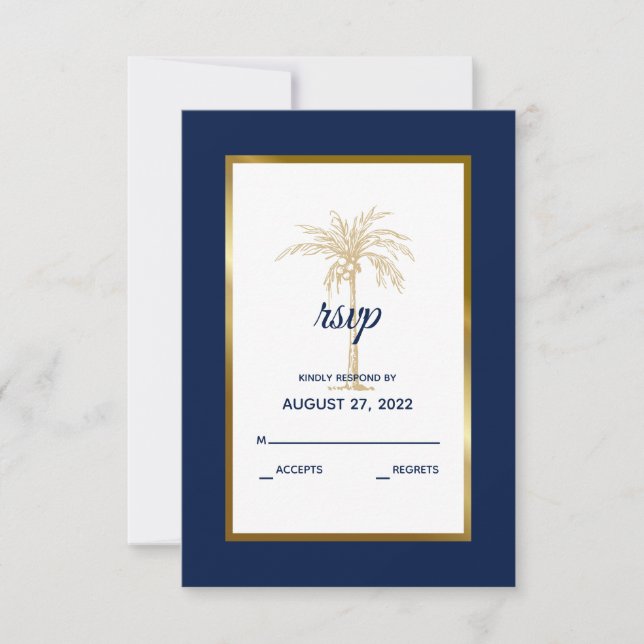 Elegante Navy Blue Gold Palm Tree Moderne Hochzeit RSVP Karte (Vorderseite)