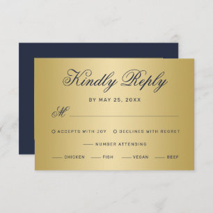 Elegante Navy Blue Gold Script Wahl Hochzeit RSVP Karte