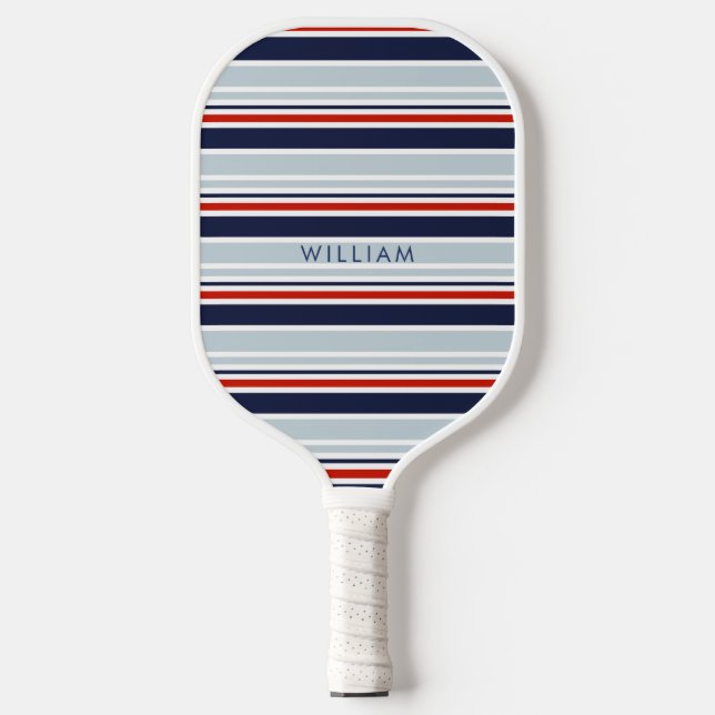 Elegante Navy Blue & Gray Coastal Streifen Custom Pickleball Schläger (Vorderseite)