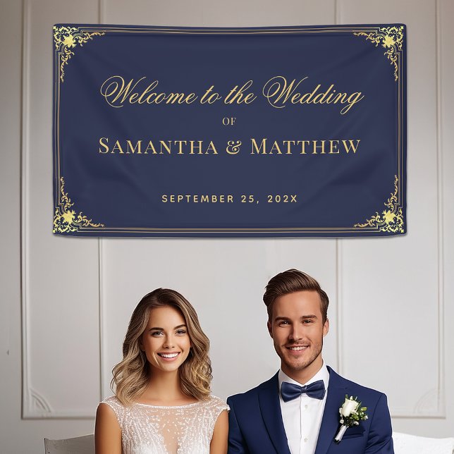 Elegante Navy Blue Imitate Gold Verzierte Hochzeit Banner (Von Creator hochgeladen)