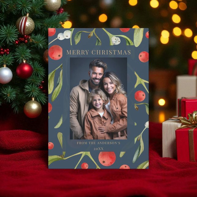 Elegante Navy Blue Mistletoe Holiday Foto Card Einladung (Von Creator hochgeladen)