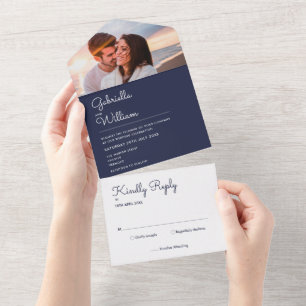 Elegante Navy-Blue-Monogrammfoto-Hochzeitseinladun All In One Einladung